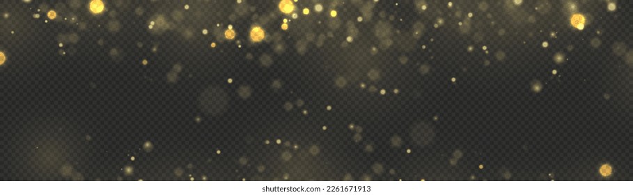 Sparkling magical dust particle. Star burst gold sparkles. Defocused Christmas background. Yellow sparks glitter special blur bokeh effect. Lens flare light sparkle, shiny glittering glow stars vector