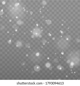 Sparkling magical dust particles. Bokeh effect. Star dust sparks in an explosion. White sparks glitter special light effect. White glitter texture christmas background. Vector illustration, eps 10. 