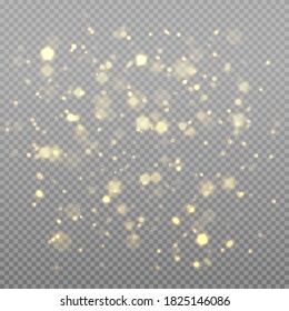 Sparkling magical dust particles. Bokeh effect isolated on transparent background. Christmas concept. Light abstract glowing bokeh lights. Festive purple and golden luminous background.