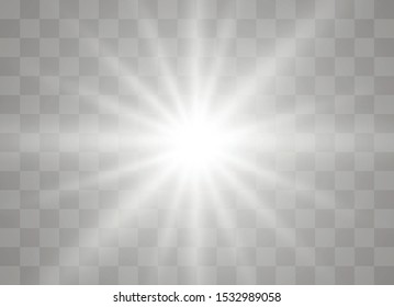 Sparkling magical dust particles. Bright Star. Transparent shining sun, bright flash. Vector sparkles. White glowing light explodes on a transparent background. 