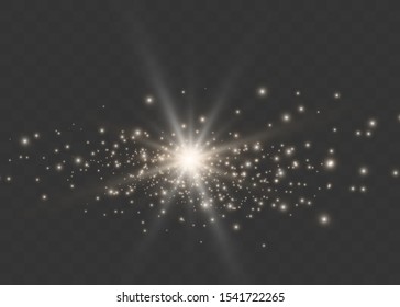 Sparkling magical dust particles. Bright Star. Transparent shining sun, bright flash. Vector sparkles. To center a bright flash.