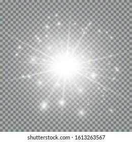 Sparkling magical dust particles. Bright Star. Transparent shining sun, bright flash. Vector sparkles. White glowing light explodes on a transparent background.