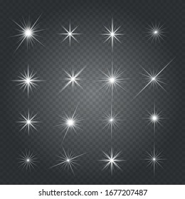 Sparkling magical dust particles. Bright Star. Transparent shining sun, bright flash. Vector Glowing Stars