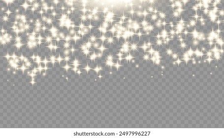 Sparkling magical dust particles. Flying particles of light. Christmas light bokeh confetti effect. Glitter gold stardust particles shine effect on png background. Vector sparkle texture illustration