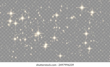 Sparkling magical dust particles. Flying particles of light. Christmas light bokeh confetti effect. Glitter gold stardust particles shine effect on png background. Vector sparkle texture illustration