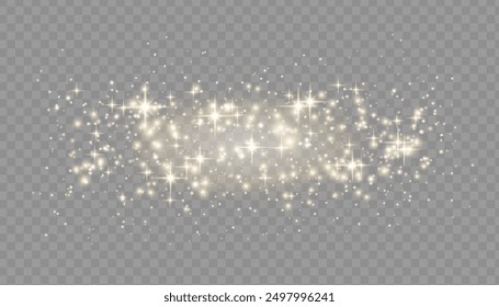 Sparkling magical dust particles. Flying particles of light. Christmas light bokeh confetti effect. Glitter gold stardust particles shine effect on png background. Vector sparkle texture illustration