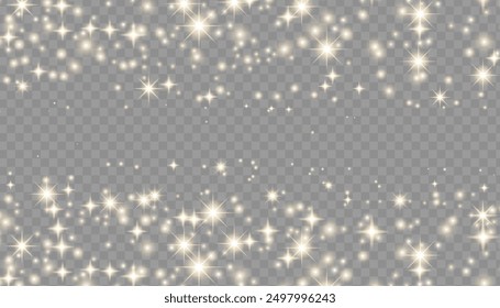 Sparkling magical dust particles. Flying particles of light. Christmas light bokeh confetti effect. Glitter gold stardust particles shine effect on png background. Vector sparkle texture illustration