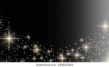 Sparkling magical dust particles. Flying particles of light. Christmas light bokeh confetti effect. Glitter gold stardust particles shine effect on png background. Vector sparkle texture illustration