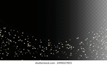 Sparkling magical dust particles. Flying particles of light. Christmas light bokeh confetti effect. Glitter gold stardust particles shine effect on png background. Vector sparkle texture illustration