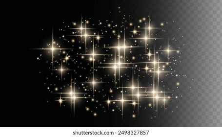 Sparkling magical dust particles. Flying particles of light. Christmas light bokeh confetti effect. Glitter gold stardust particles shine effect on png background. Vector sparkle texture illustration