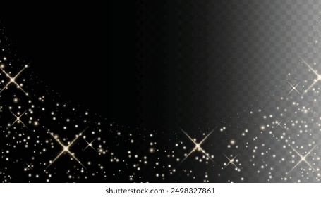 Sparkling magical dust particles. Flying particles of light. Christmas light bokeh confetti effect. Glitter gold stardust particles shine effect on png background. Vector sparkle texture illustration