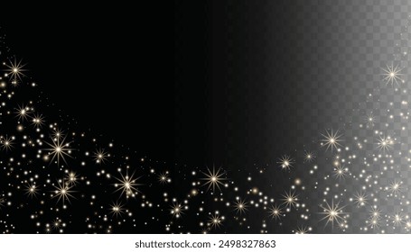 Sparkling magical dust particles. Flying particles of light. Christmas light bokeh confetti effect. Glitter gold stardust particles shine effect on png background. Vector sparkle texture illustration