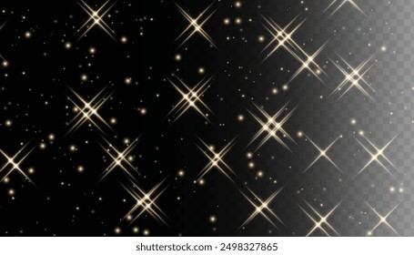 Sparkling magical dust particles. Flying particles of light. Christmas light bokeh confetti effect. Glitter gold stardust particles shine effect on png background. Vector sparkle texture illustration