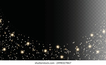 Sparkling magical dust particles. Flying particles of light. Christmas light bokeh confetti effect. Glitter gold stardust particles shine effect on png background. Vector sparkle texture illustration