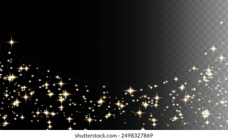 Sparkling magical dust particles. Flying particles of light. Christmas light bokeh confetti effect. Glitter gold stardust particles shine effect on png background. Vector sparkle texture illustration