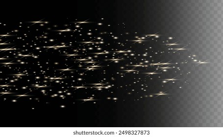 Sparkling magical dust particles. Flying particles of light. Christmas light bokeh confetti effect. Glitter gold stardust particles shine effect on png background. Vector sparkle texture illustration
