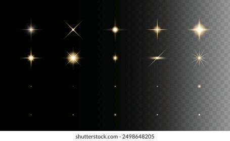Sparkling magical dust particles. Flying particles of light. Christmas light bokeh confetti effect. Glitter gold stardust particles shine effect on png background. Vector sparkle texture illustration