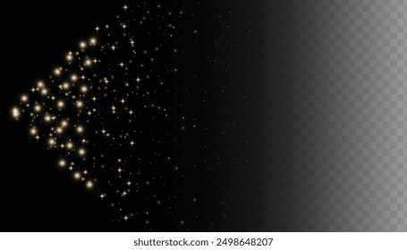 Sparkling magical dust particles. Flying particles of light. Christmas light bokeh confetti effect. Glitter gold stardust particles shine effect on png background. Vector sparkle texture illustration