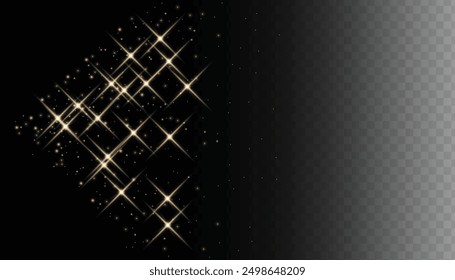 Sparkling magical dust particles. Flying particles of light. Christmas light bokeh confetti effect. Glitter gold stardust particles shine effect on png background. Vector sparkle texture illustration