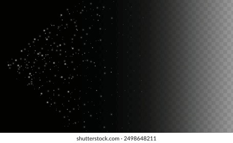 Sparkling magical dust particles. Flying particles of light. Christmas light bokeh confetti effect. Glitter gold stardust particles shine effect on png background. Vector sparkle texture illustration