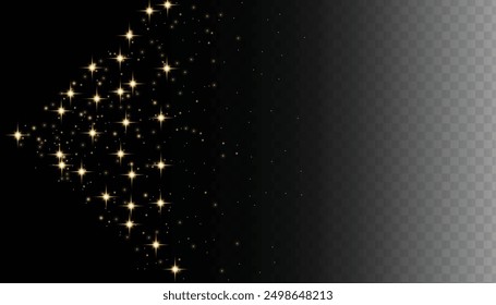 Sparkling magical dust particles. Flying particles of light. Christmas light bokeh confetti effect. Glitter gold stardust particles shine effect on png background. Vector sparkle texture illustration