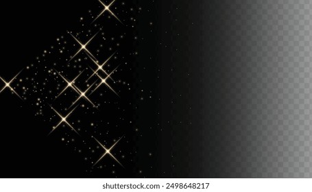Sparkling magical dust particles. Flying particles of light. Christmas light bokeh confetti effect. Glitter gold stardust particles shine effect on png background. Vector sparkle texture illustration