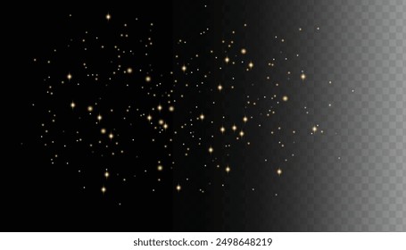 Sparkling magical dust particles. Flying particles of light. Christmas light bokeh confetti effect. Glitter gold stardust particles shine effect on png background. Vector sparkle texture illustration