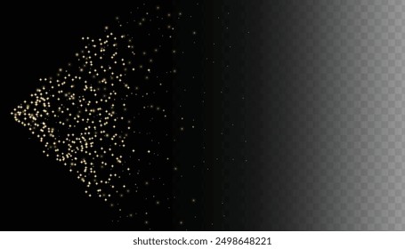 Sparkling magical dust particles. Flying particles of light. Christmas light bokeh confetti effect. Glitter gold stardust particles shine effect on png background. Vector sparkle texture illustration