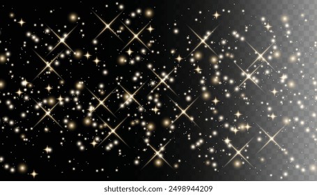 Sparkling magical dust particles. Flying particles of light. Christmas light bokeh confetti effect. Glitter gold stardust particles shine effect on png background. Vector sparkle texture illustration