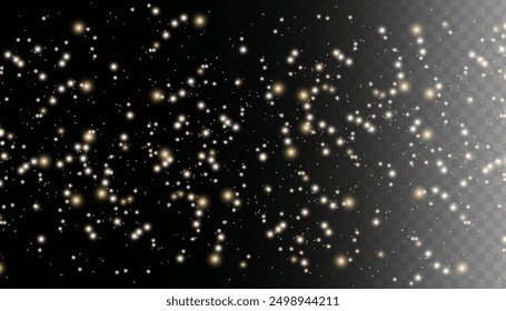 Sparkling magical dust particles. Flying particles of light. Christmas light bokeh confetti effect. Glitter gold stardust particles shine effect on png background. Vector sparkle texture illustration