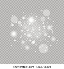 Sparkling magical dust particles. Glowing light effect with many glitter particles isolated on transparent background. Christmas abstract pattern. Vector sparkles on a transparent background.