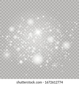 Sparkling magical dust particles. Glowing light effect with many glitter particles isolated on transparent background. Christmas abstract pattern. Vector sparkles on a transparent background.