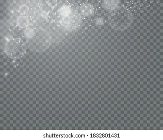 Sparkling magical dust particles. Glowing light effect with many glitter particles isolated on transparent background. Christmas abstract pattern. Vector sparkles on a transparent background.