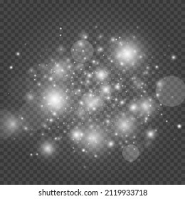 Sparkling magical dust particles. Glowing light effect with many glitter particles isolated on transparent background. Christmas abstract pattern.