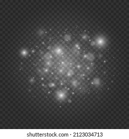 Sparkling magical dust particles. Glowing light effect with many glitter particles isolated on transparent background. Christmas abstract pattern.