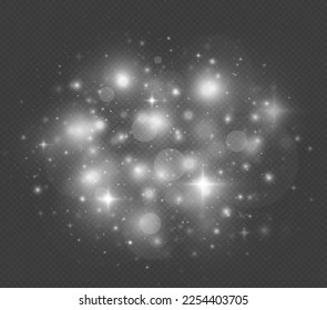 Sparkling magical dust particles. Glowing light effect with many glitter particles isolated on transparent background. Christmas abstract pattern.