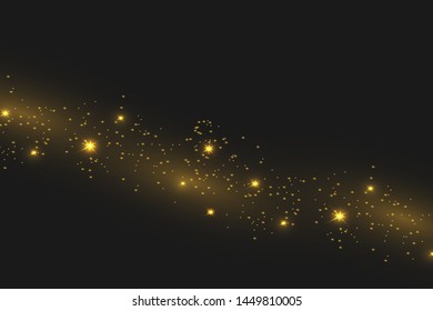 Sparkling magical dust particles. The dust sparks and golden stars shine with special light. Vector sparkles on a black background.