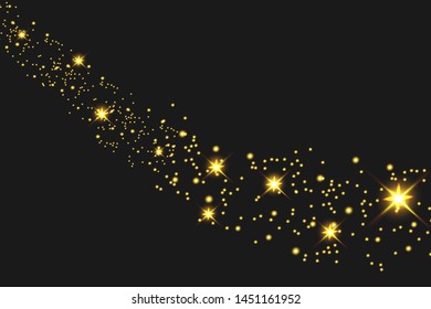 Sparkling magical dust particles. The dust sparks and golden stars shine with special light. Vector sparkles on a black background.