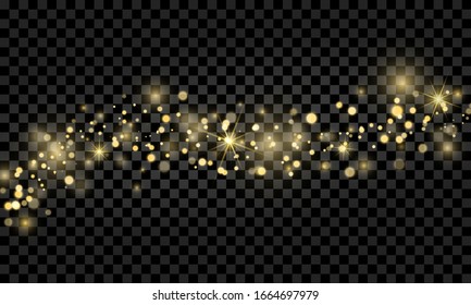 Sparkling magical dust particles. The dust sparks and golden stars shine with special light on a black transparent background. Golden shiny light effect. Vector sparkles.