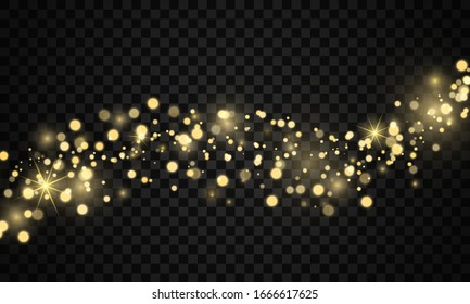 Sparkling magical dust particles. The dust sparks and golden stars shine with special light on a black transparent background. Golden shiny light effect. Vector sparkles.