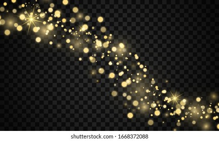 Sparkling magical dust particles. The dust sparks and golden stars shine with special light on a black transparent background. Golden shiny light effect. Vector sparkles.