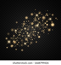 Sparkling magical dust particles. The dust sparks and golden stars shine with special light on a black transparent background. Golden shiny light effect. Vector sparkles.