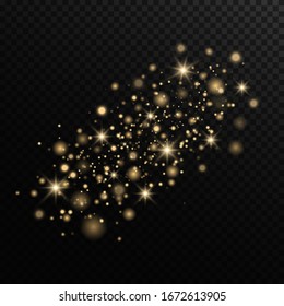 Sparkling magical dust particles. The dust sparks and golden stars shine with special light on a black transparent background. Golden shiny light effect. Vector sparkles.