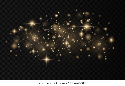 Sparkling magical dust particles. The dust sparks and golden stars shine with special light on a black transparent background. Golden shiny light effect. Vector sparkles.