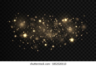 Sparkling magical dust particles. The dust sparks and golden stars shine with special light on a black transparent background. Golden shiny light effect. Vector sparkles.