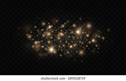 Sparkling magical dust particles. The dust sparks and golden stars shine with special light on a black transparent background. Golden shiny light effect. Vector sparkles.