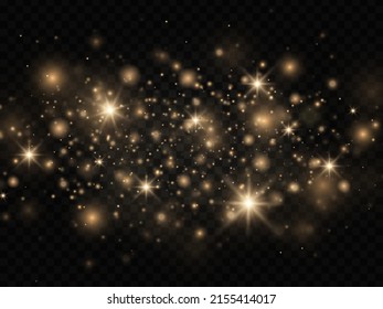 Sparkling magical dust particles. The dust sparks and golden stars shine with special light on a black transparent background. Golden shiny light effect. Vector sparkles.