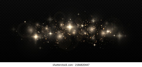 Sparkling magical dust particles. The dust sparks and golden stars shine with special light on a black background.