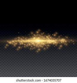 Sparkling magical dust particles. Yellow glowing light explodes on a transparent background. Transparent shining sun, bright flash. To center a bright flash. Bright Star. Vector sparkles. 