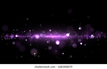 Sparkling magical dust and purple blue particles on black background. Glitter and elegant for Christmas. Magic concept. Abstract bokeh effect. Vector